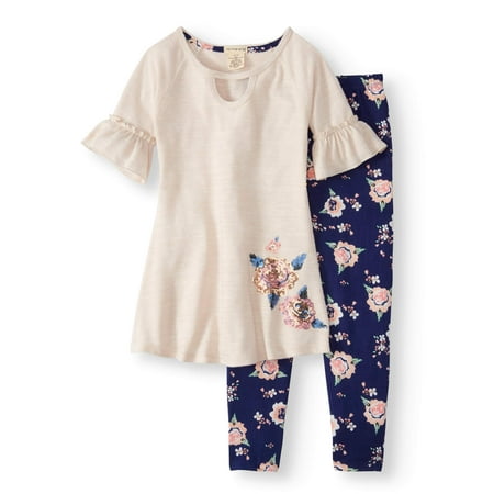 Floral Outfit Girl - Ruffle Sleeve Sweater Knit Tunic & Floral Legging, 2-Piece Outfit Set (Little Girls & Big Girls)