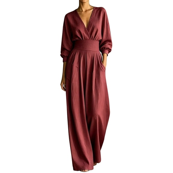 TEAJOPSUU Women's Jumpsuits 3/4 Sleeve V Neck Elastic Waist Wide Leg Jumpsuits with Pockets Loose Fit Waist Cinching Long Rompers Burgundy