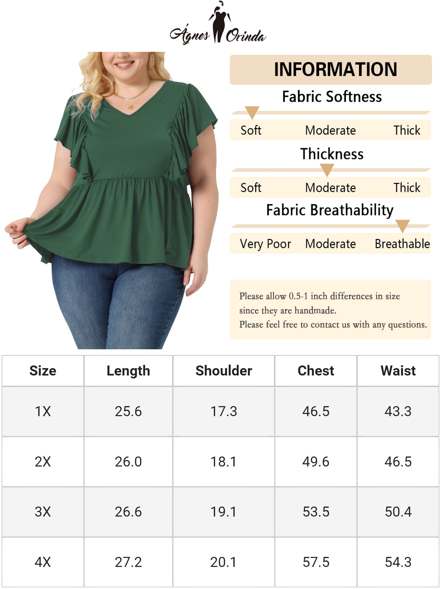 Unique Bargains Women Plus Size Tops V Neck Ruffle Sleeve Pleated Peplum Blouse Green 2X