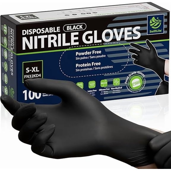 SWIFTLITE Disposable Nitrile Gloves Black, Food Safe Rubber Gloves Latex-Free Powder-Free for Cooking Food Prep Kitchen Clean (Medium, 100)