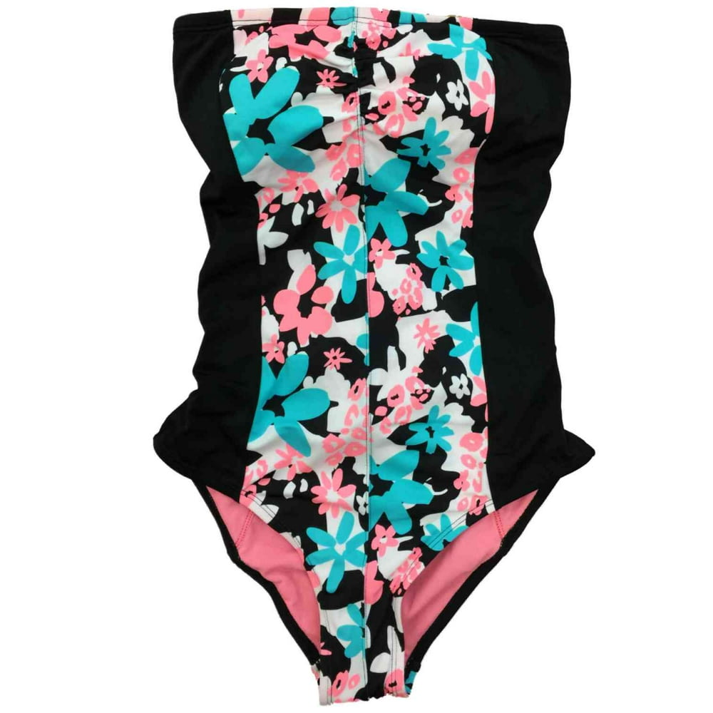 Tropical Escape Womens Black Pink & Black Floral Bathing 1PC Corset