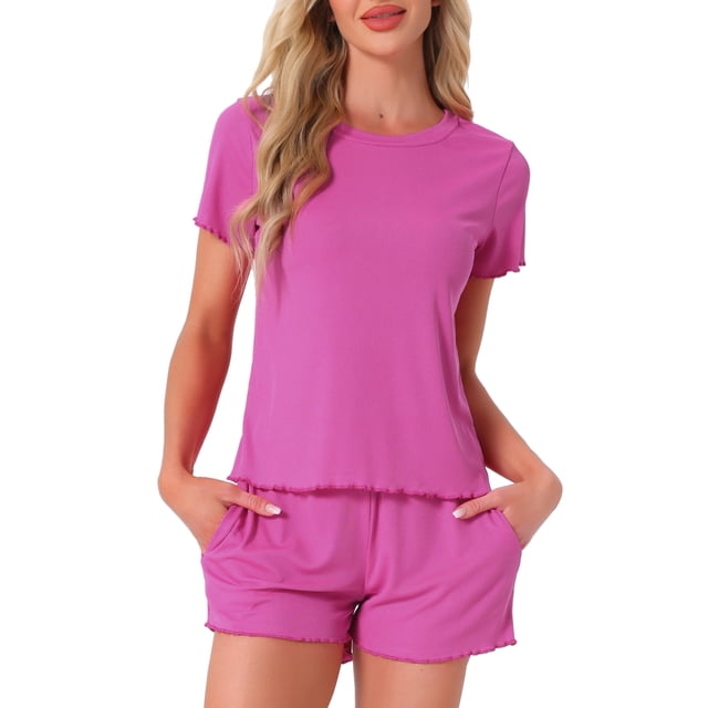 INSPIRE CHIC Women's Pajama Sets Short Sleeve Crewneck Top with Shorts Ruffle 2 Pcs Lounge Set with Pocket L Rose