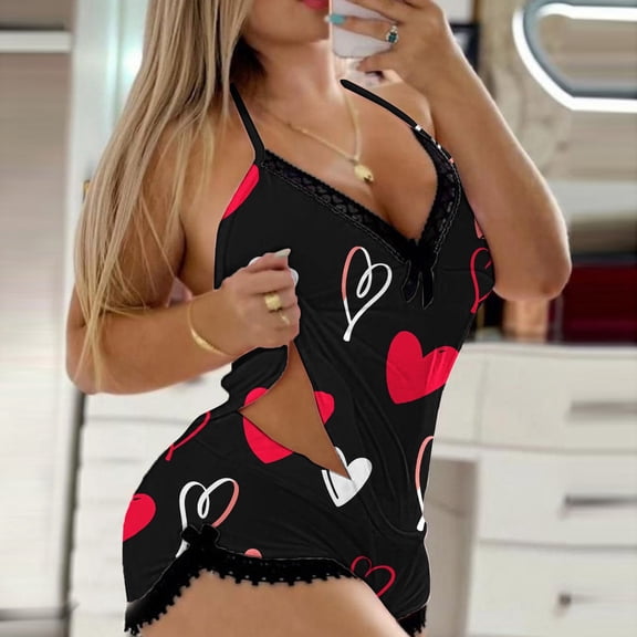 Hpapadks Holiday Pajamas for Women Valentine's Day V Neck Love Print Sleeveless Tank Tops Shorts Cozy Homewear Set Pjs for Women Black L