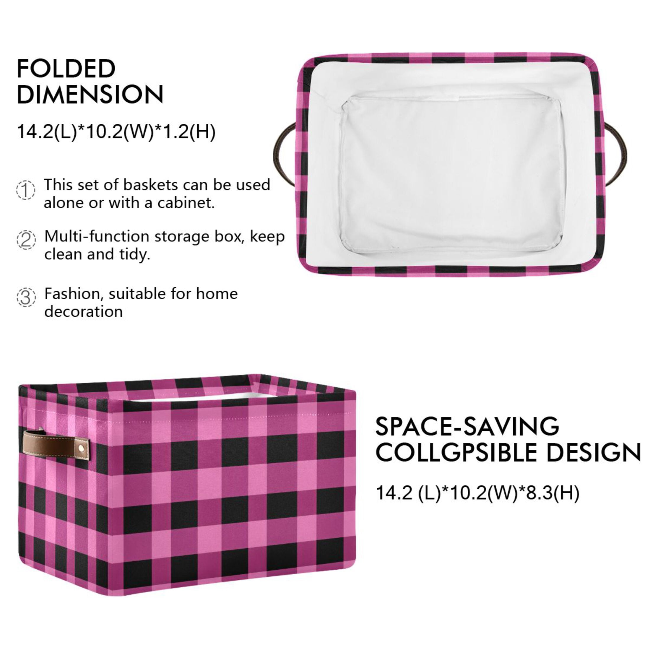 Pink and Black Check Foldable Storage Basket,Canvas Fabric Foldable Storage Bins with Handles Open Home Storage Bins Boxes for Toy Book Shelf Closet Baskets