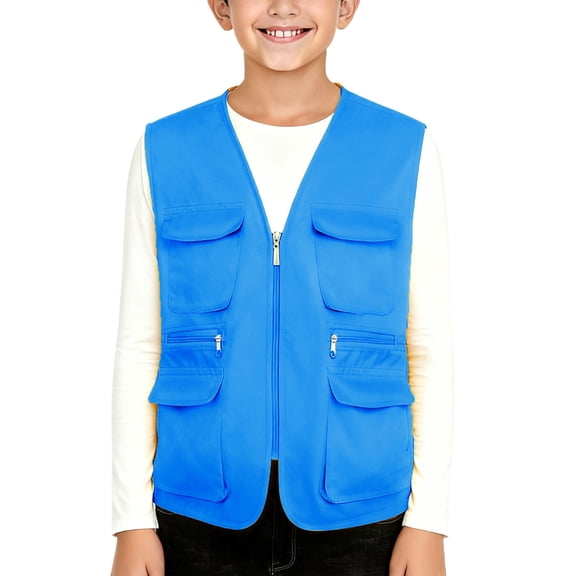 XUNKUSGA Cargo Vest for Kids 5-13 Years Casual Solid Color Volunteer Travel Hunting Vest Classic Safari Reflective Safety Vest with Pockets Fashion Spring Fall V Neck Sleeveless Cargo Jacket Blue