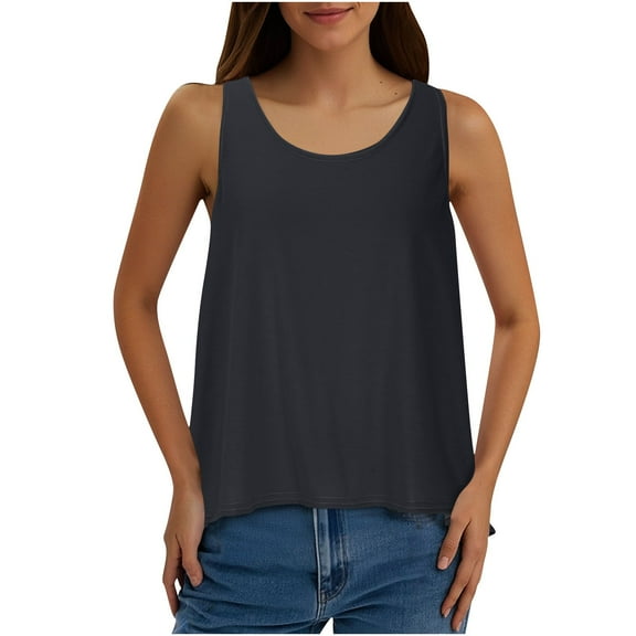 WRKEKC Womens Tank Tops Solid Color Round Neck Wide Strap Back Split Loose Fit Sleeveless Summer Casual Top for Women