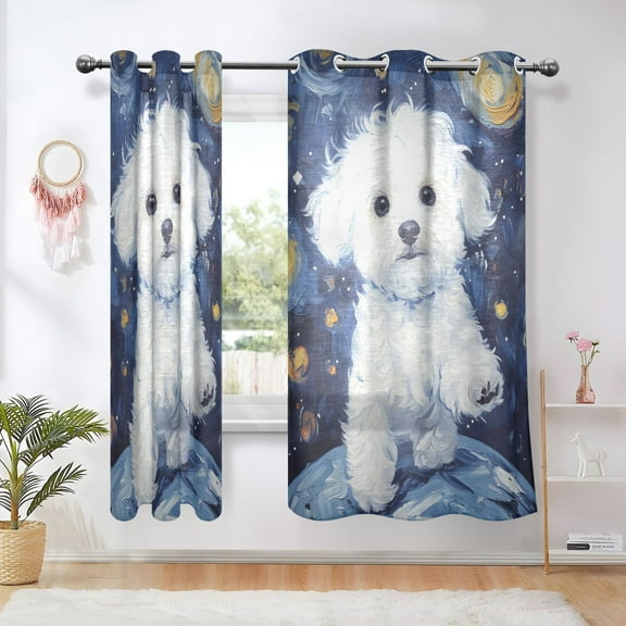 Sheer Curtains Grommet Drapes Window Treatments Light Filtering for Bedroom Living Room 2 Panels 42" x 63" Cute White Dog Walking at Night