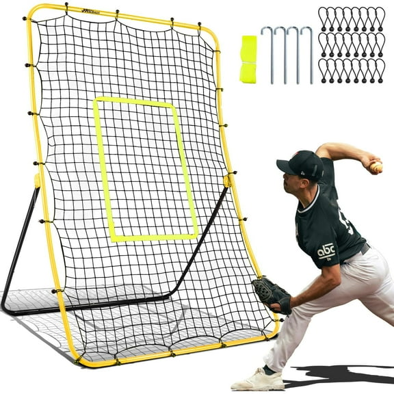 FITPLAY 68" x 44" Baseball Rebound Net, 5 Angles Adjustable Softball Pitchback Net Yellow