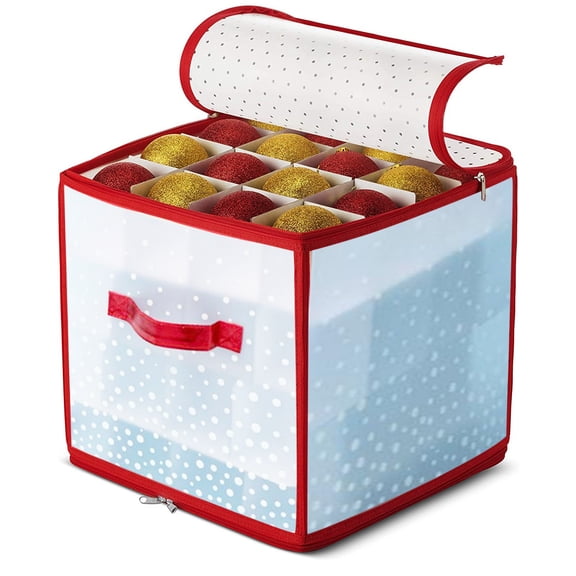 Christmas Ornament Storage Box with Adjustable Dividers,Store up to 64 3-inch or 36 4-inch Christmas Ornaments, Xmas Storage with Zippered Closure & Two Handles
