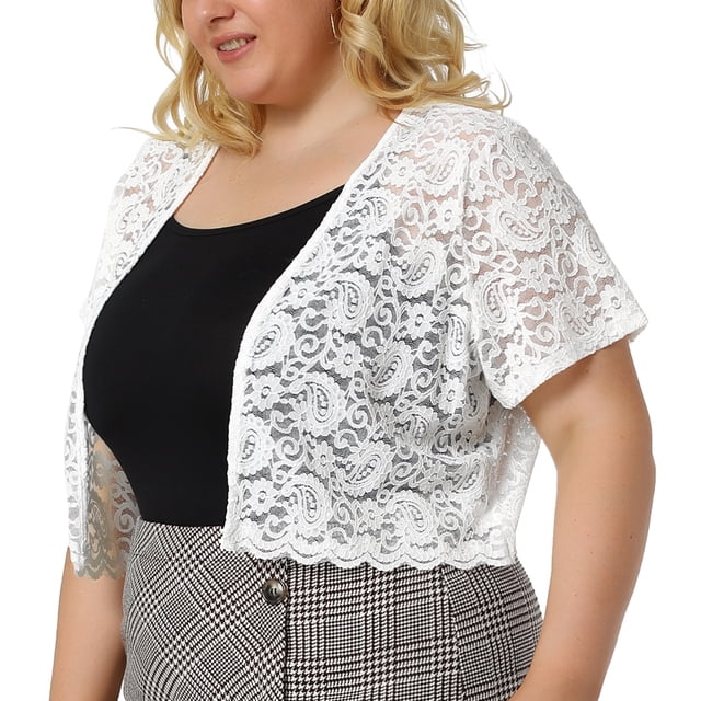 Women's Plus Size Shrug Cardigan Lace Allover Open Front Short Sleeve Crop Bolero Jacket White 1X