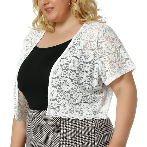 Women's Plus Size Shrug Cardigan Lace Allover Open Front Short Sleeve Crop Bolero Jacket White 4X