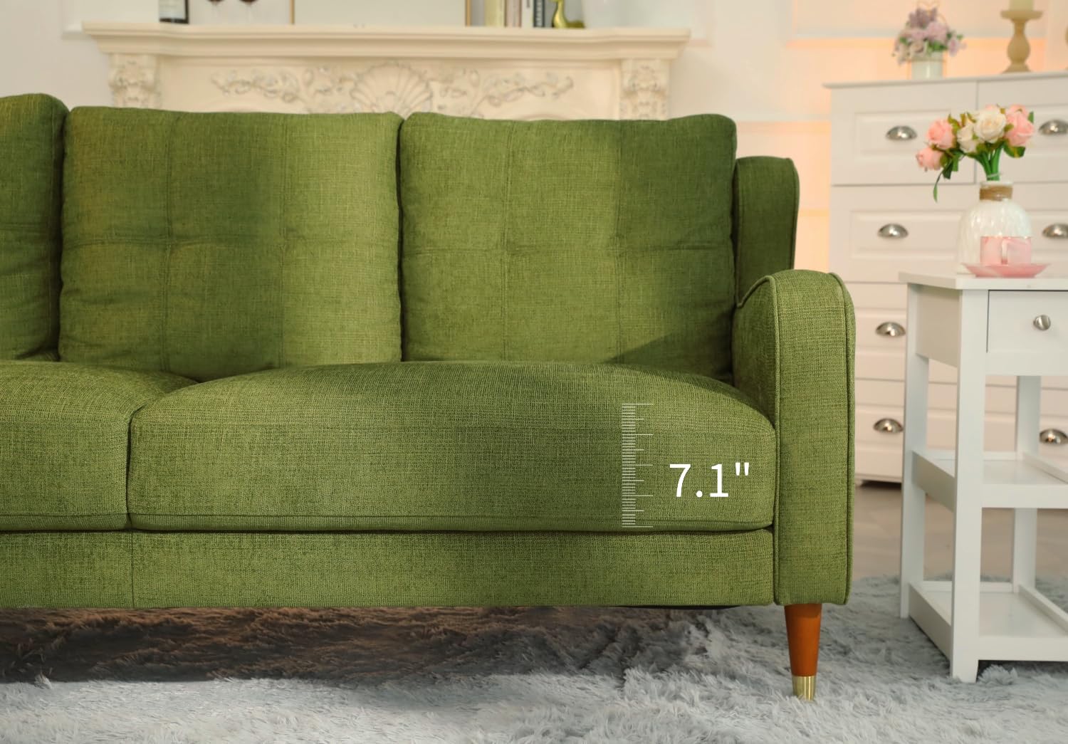 Farmdex 76-Inch Mid-Century Modern 3-Seater Sofa Couch with Spring Support, Linen Fabric, Solid Wood Legs, Ideal for Living Room, Dorm, and Bedroom Green