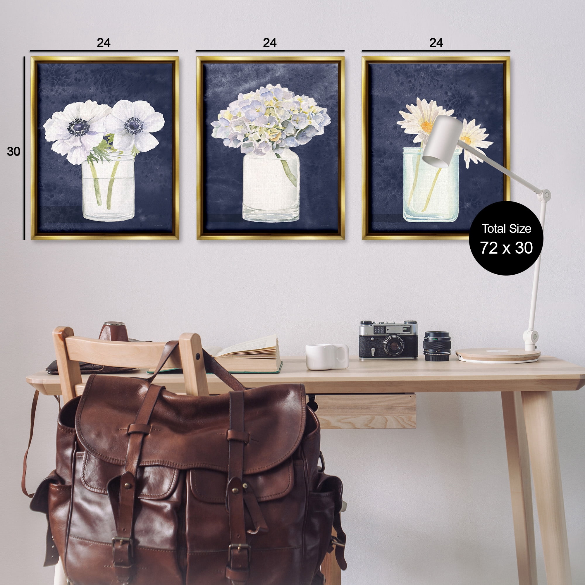 Stupell Industries Navy Blue Flower Bouquets Botanical & Floral Painting Gold Floater Framed Canvas Art Print Wall Art, 25 x 31, Set of 3