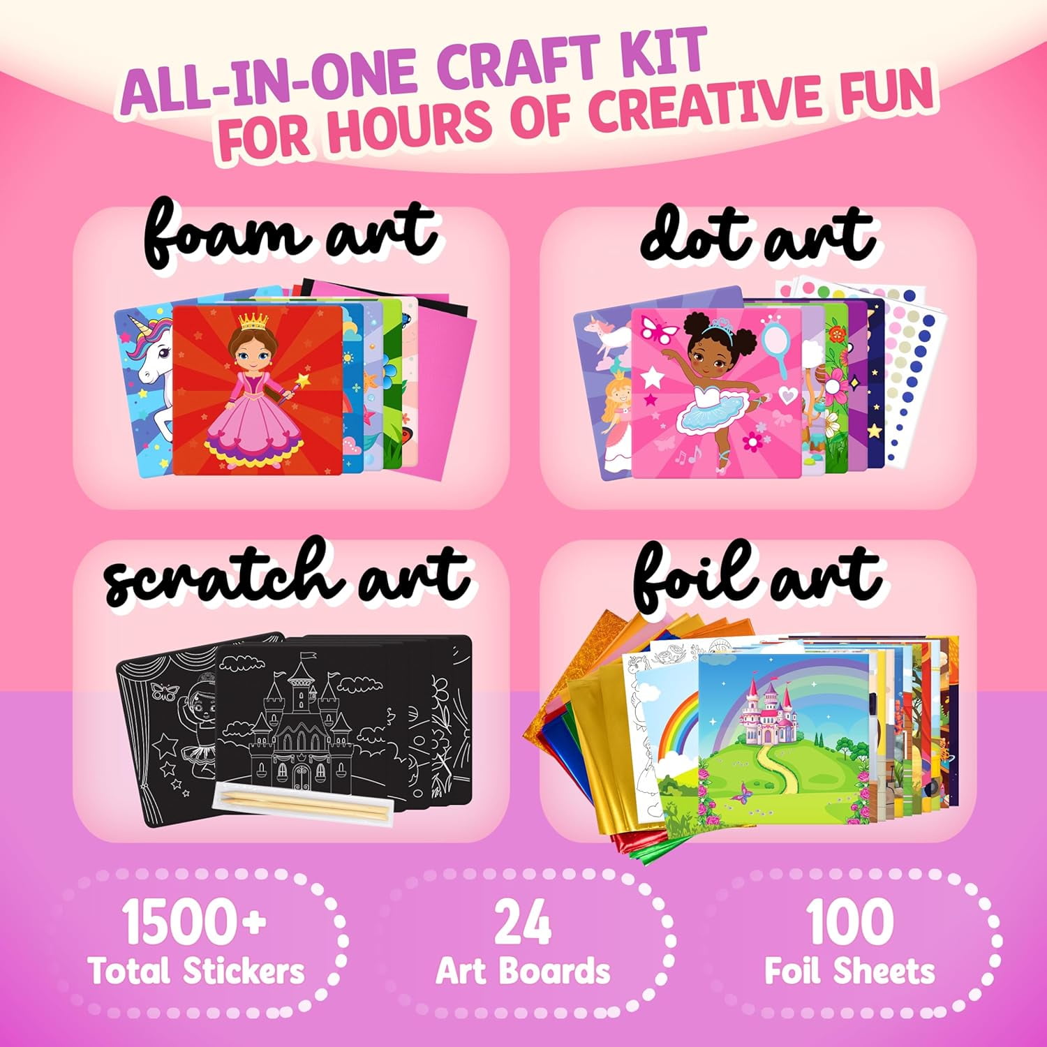 Gift Boutique Unicorn Princess Craft Kit for Girls, 24 Art Projects with Foam, Dot, Scratch & Foil Activities, Kids Craft Box for Ages 4–8