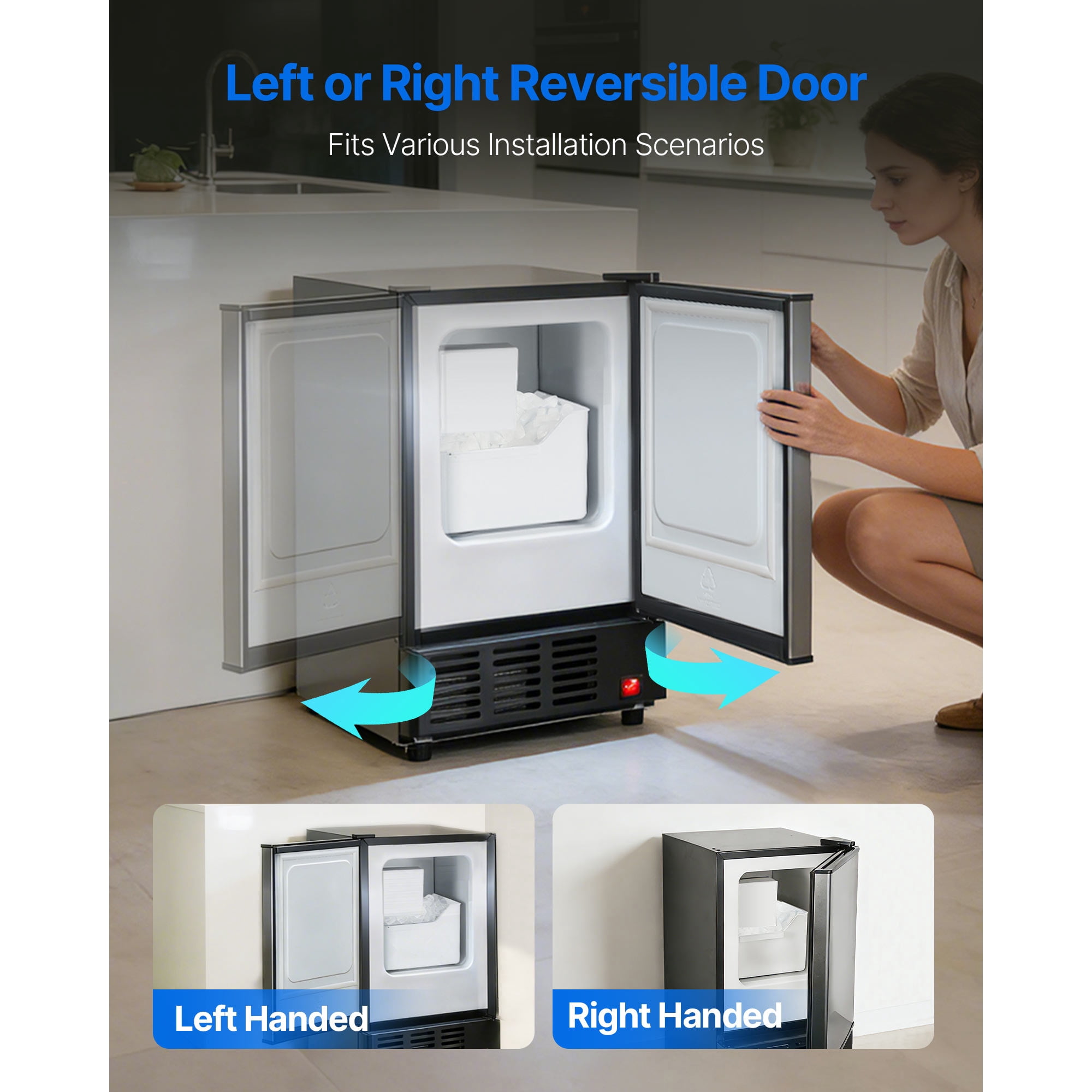 KFFKFF 15" W Under Counter Ice Maker, 15 lbs/Day Crescent Ice Machine with 11 lbs Storage Bin & Reversible Door, Freestanding Ice Maker for Home or Commercial Kitchens - No Drain Needed