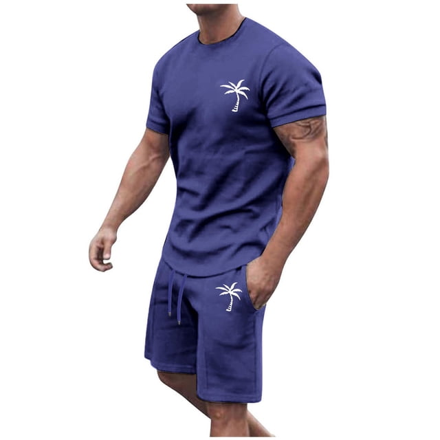 Conjunto de Sudadores de Hombres Impresión Casual Deportes de Manga Corta Cuello Redondo, Traje de Deporte de 2 Piezas con Pantalones de Corredores de Cintura Elástica