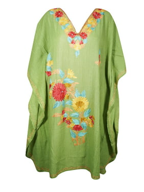 Mogul Women Olive Green Mid Length Caftan Dress V-Neck Kimono Sleeves Embroidery Resort Wear Cover Up Tunic Kaftan Dresses 2XL