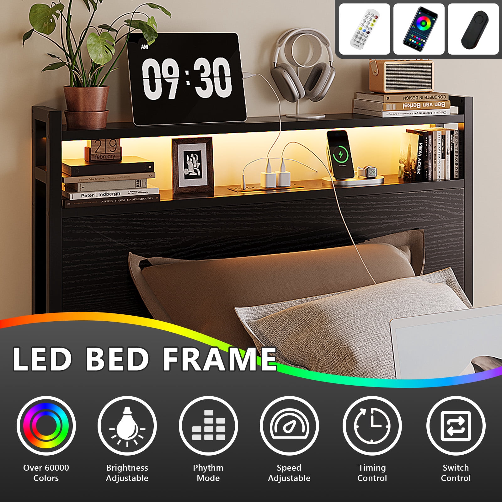 Zimtown Twin Bed Frame with 2-Tier Storage Headboard, Metal Platform Bed Frame with 4 Storage Drawers, Built in Charging Station & LED, Black