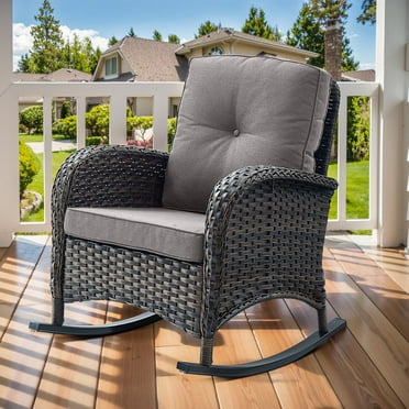 PARKWELL Outdoor Patio Rocking Chair Wicker High Back Rocker Lounge Chair with Cushion for Backyard Deck Porch,Gray