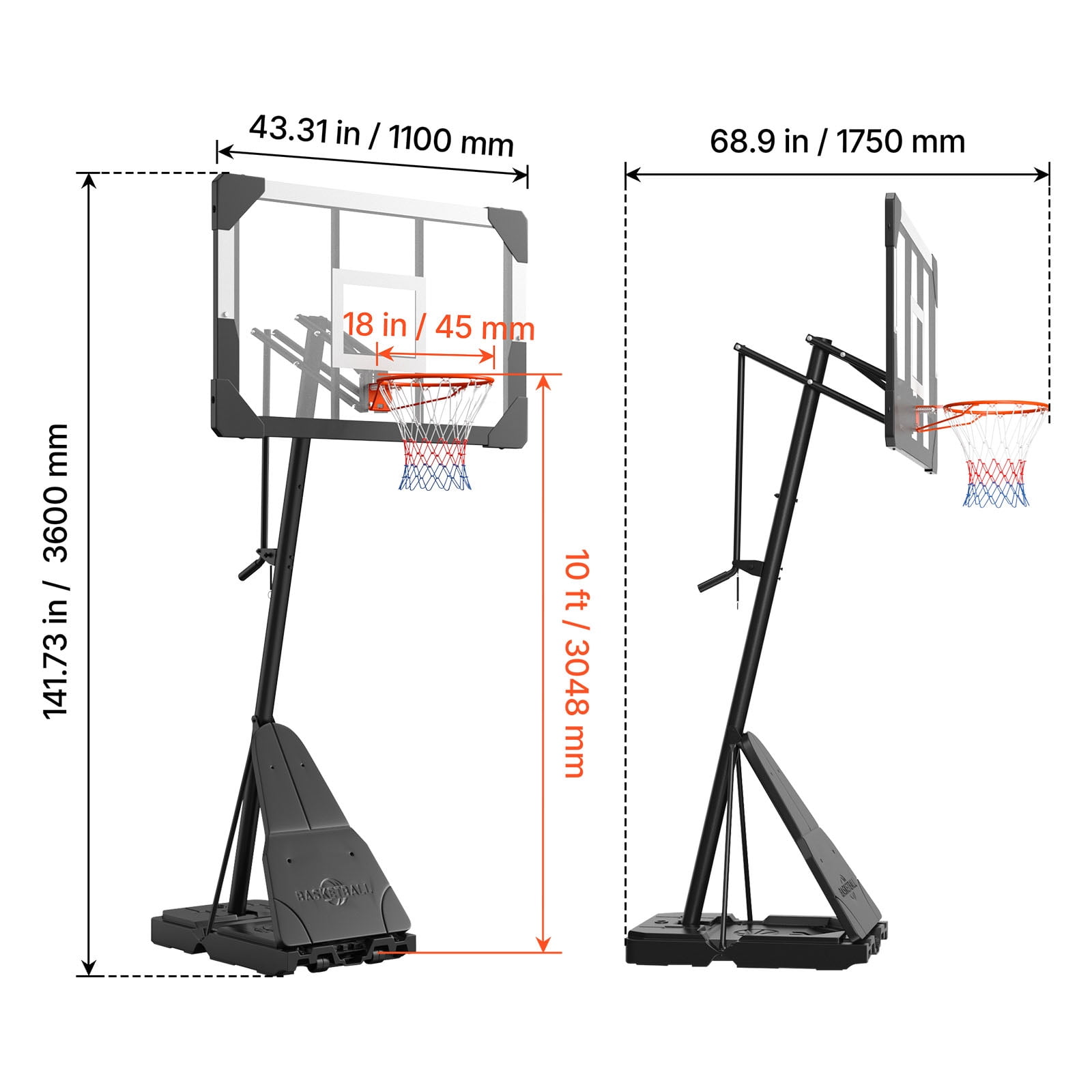 KFFKFF Portable Basketball Hoop with Adjustable Height (8.04 to 10 ft), 44-Inch PC Backboard for Indoor and Outdoor Play, Suitable for Kids and Adults in Schools, Parks, and Home Settings