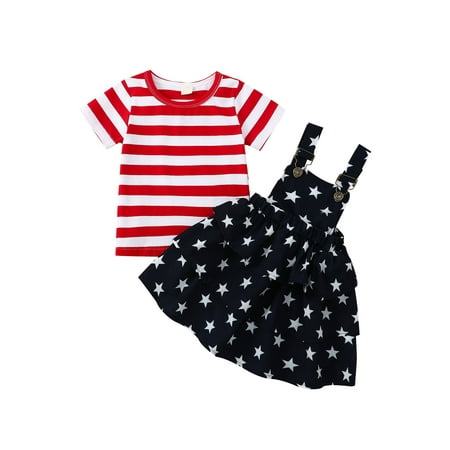 

Qtinghua 4th of July Toddler Baby Girls Summer Clothes Short Sleeve Tops+Stars Print Suspender Skirt Independence Day Set Red Black 18-24 Months