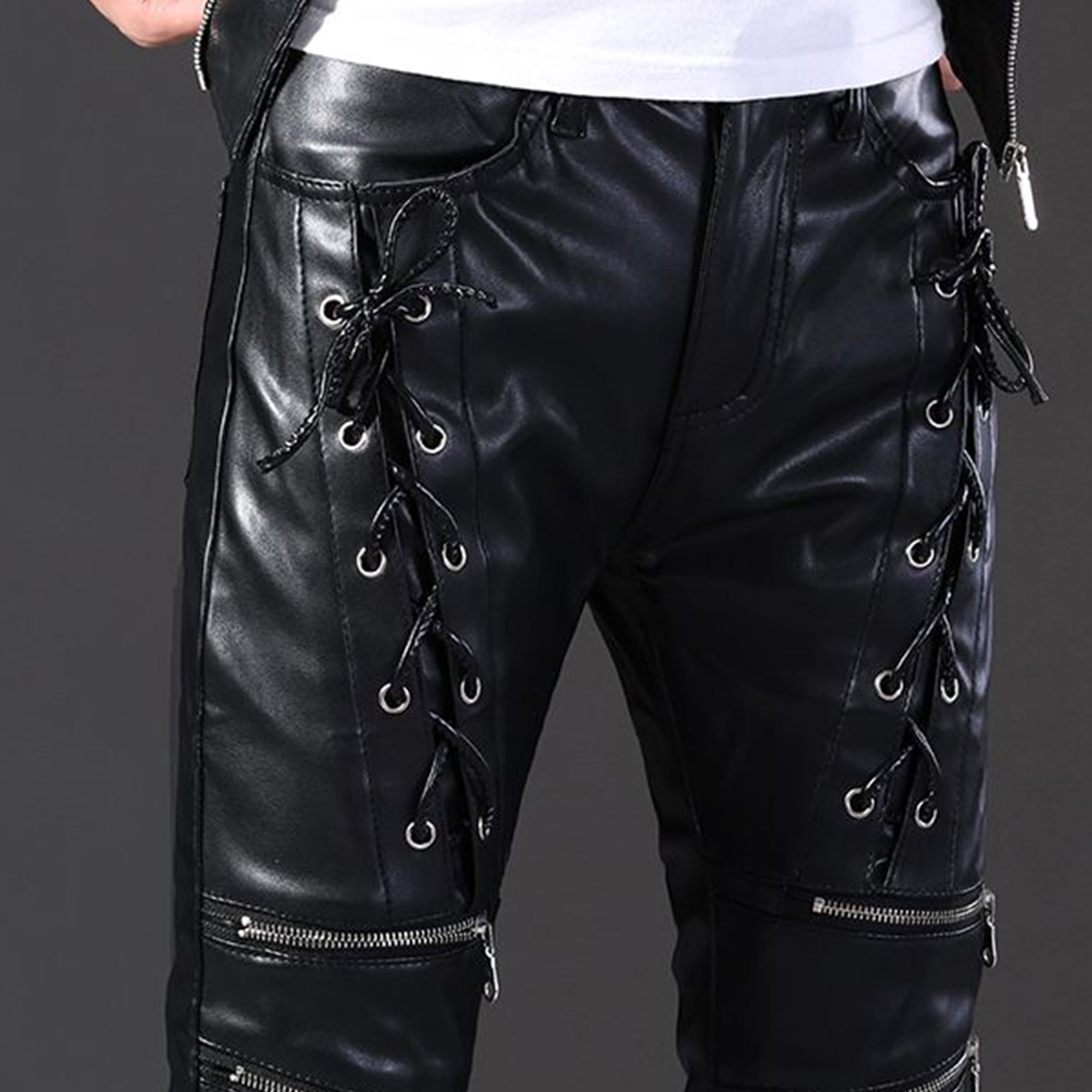 Men's Black Faux Leather Pants Shiny PU Side Lace-Up Punk Style Tight Leg Trousers