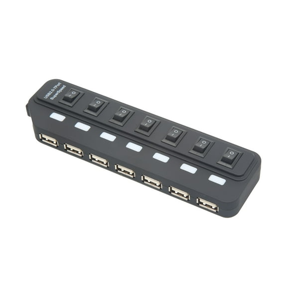 Multi Port Splitter, 7 Port USB 2.0 Hub, USB A Port Data Hub with Independent On/Off Switch and LED Indicators, Lights for Laptop, PC, Computer, Mobile HDD, Flash Drive and More (Black 2.0)