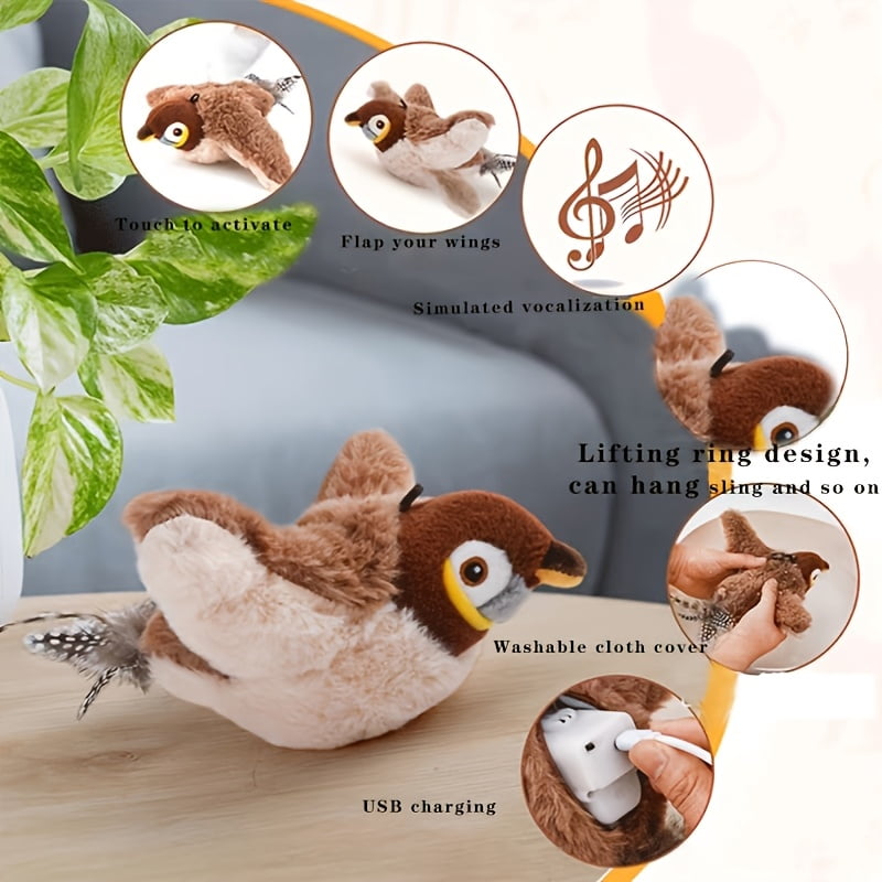 Interactive Cat Toy Bird – Realistic Sparrow Design with Feather Tail, Stimulates Hunting Instinct & Indoor Play, 6.5-inch Pet Toy for Kitten & Adult Cats