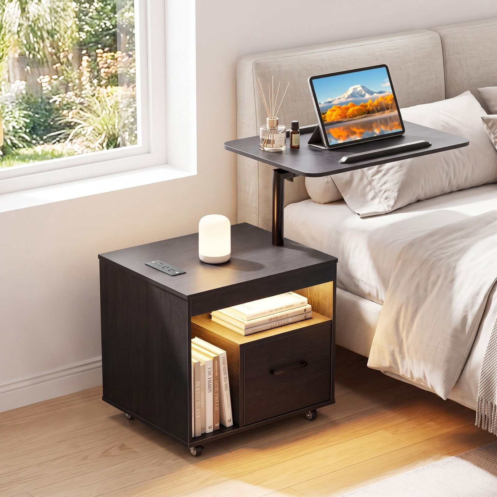 Furnibear LED Nightstand with Charging Station and Flip over Rotatable Tabletop and Drawer for Bedroom and Living Room, Modern Bedside Table, Black
