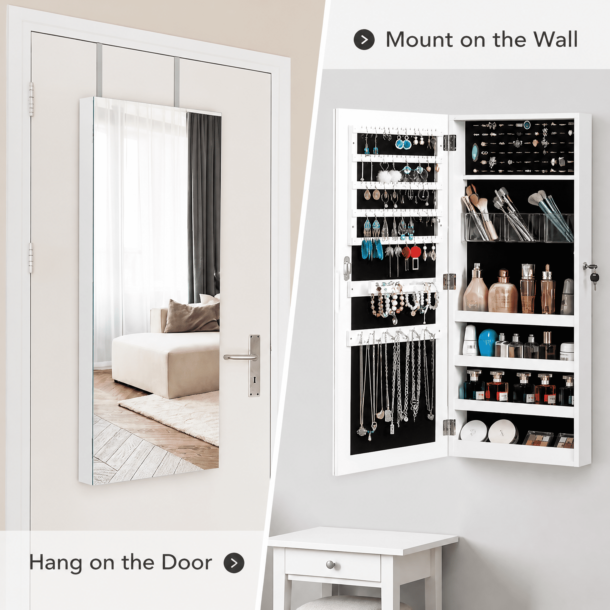 Whole Surface PVC Film Wall-Mounted Jewelry Cabinet With Mirror & Lock Large Storage For Accessories White