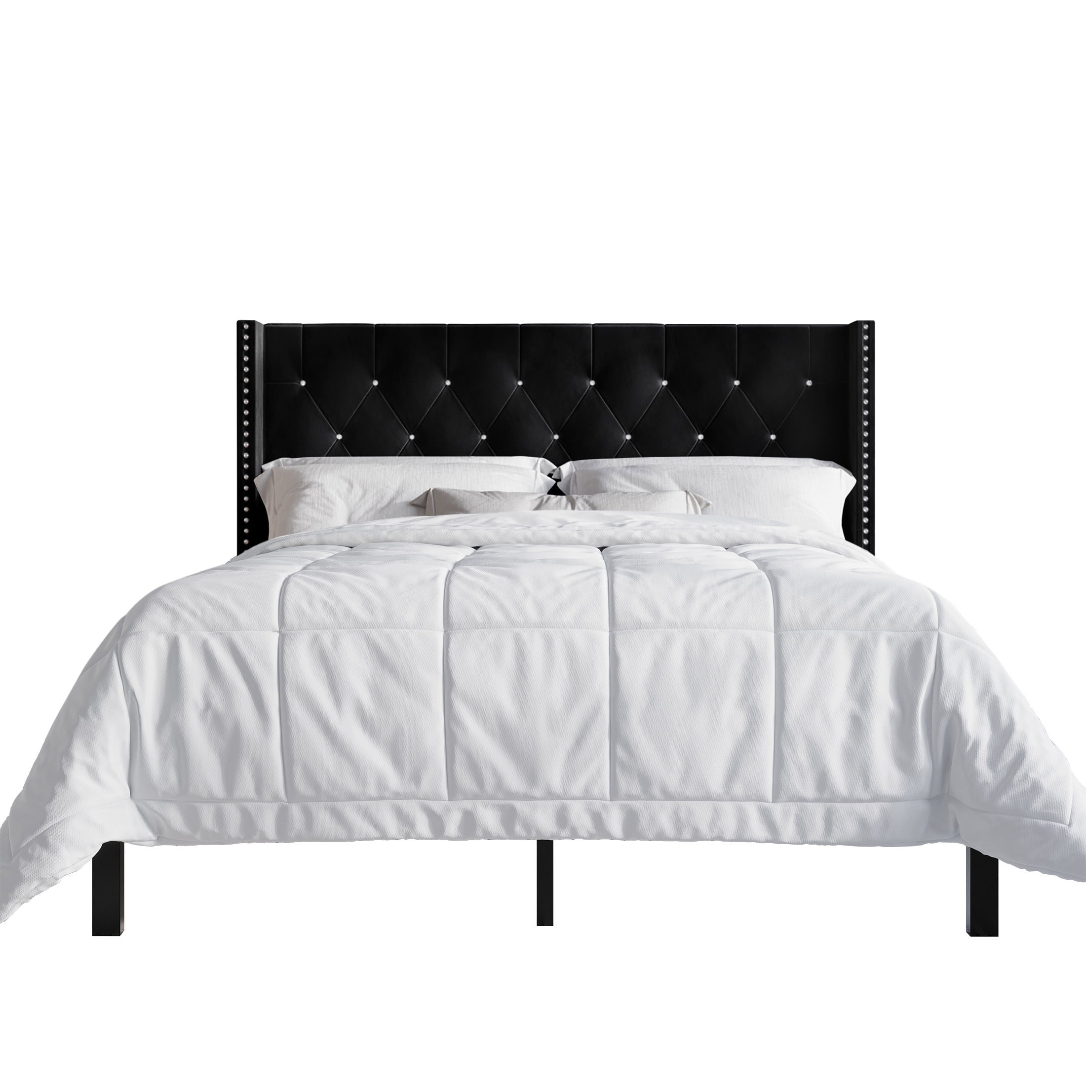 Castle Place Button Tufted Wingback Velvet Upholstered Bed with 2 Nightstands, Black, Full