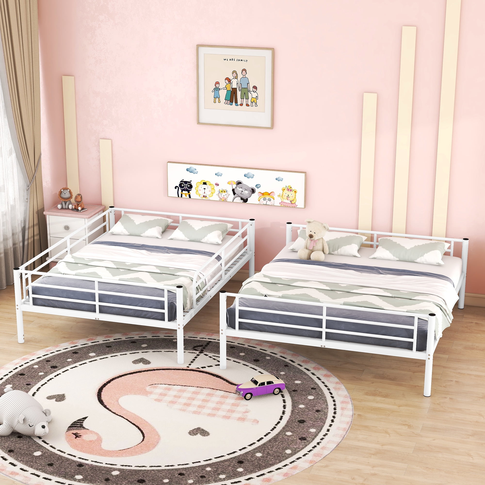Full XL Over Queen Bunk Beds for Adults,Heavy-Duty Metal Bunk Bed Frame with Non-Slip Ladder and Safety Full-Length Guardrails for Kids Teens Adults,Space-Saving,White