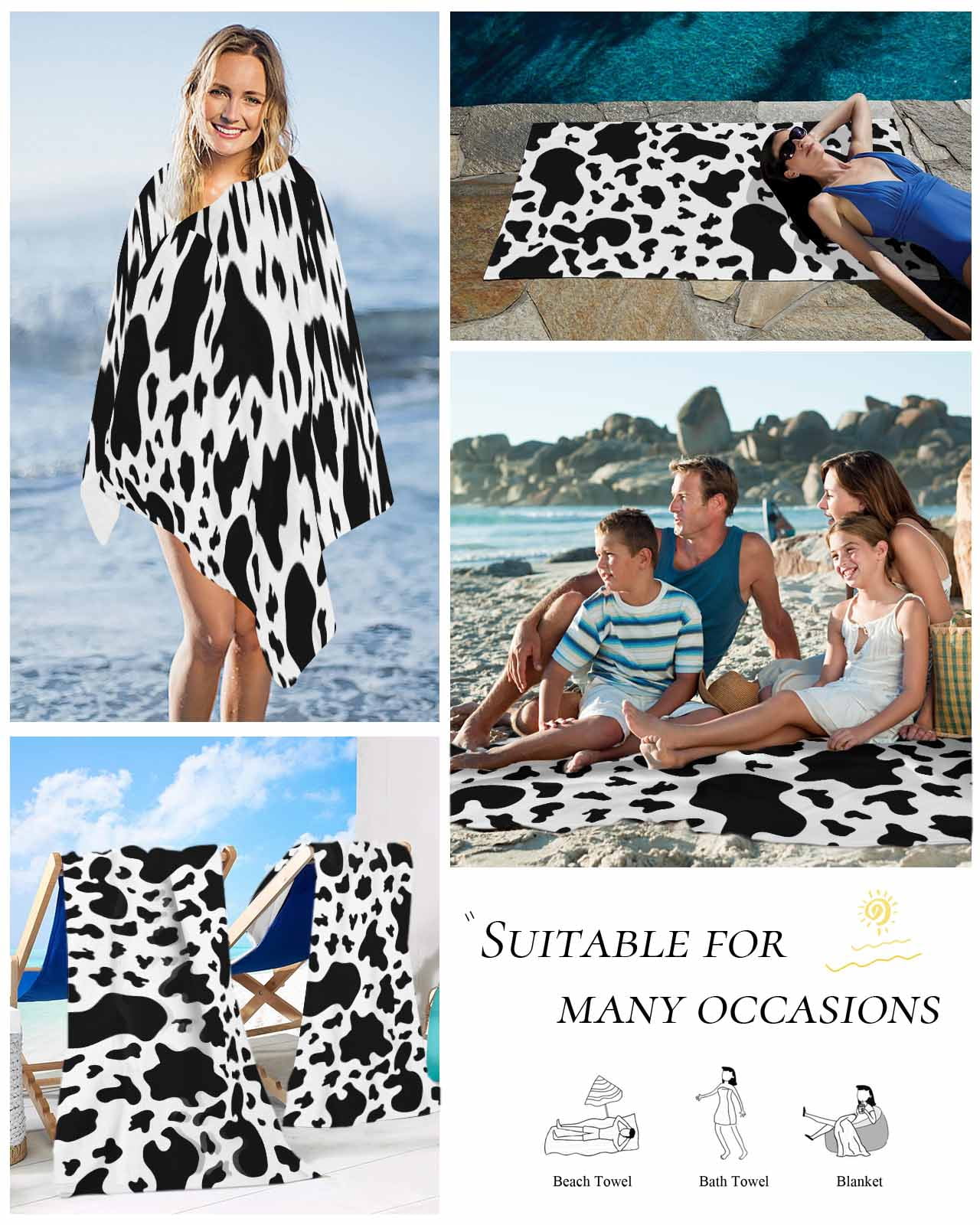 Cow Print Beach Towels Oversized Super Absorbent, Modern Black White Farm Animal Patterned Lightweight Bath Towel Quick Dry Sets For Bathroom/Pool/Rv Camping/Beach Play/Gym Room/Picnic 30"x60"