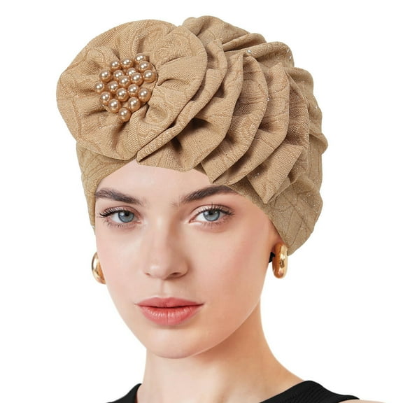 Women Flower Beads Beanie Stretch Hat Turban Headwear Hairband Head Wrap Cap