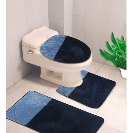 Micro Bath Mat For Toilet 3-PC (#7) 2 Tone Navy/Light Blue HIGH QUALITY Jacquard Bathroom Bath Rug Set Washable Anti Slip Rug 18
