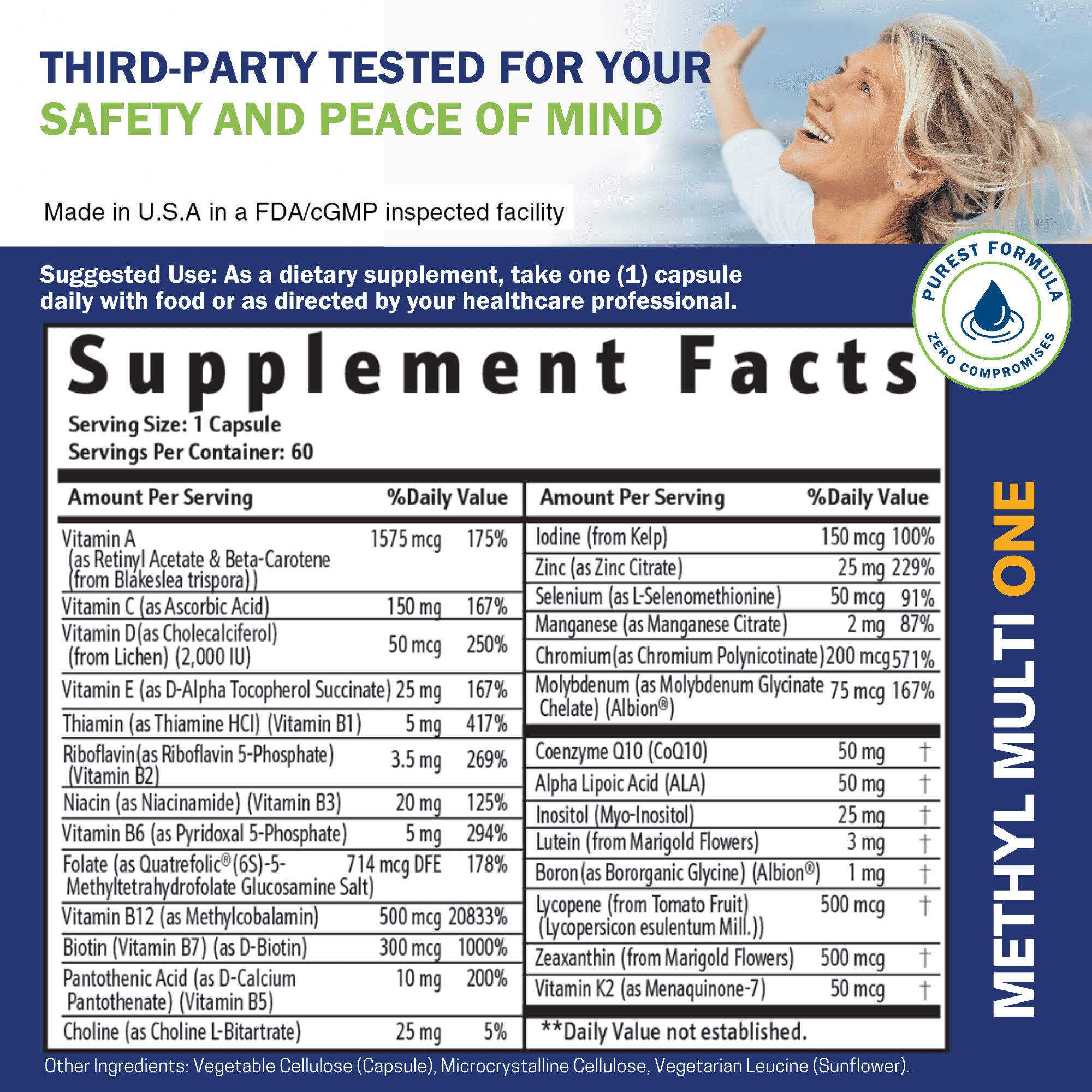 Methyl Multi One: Vegan Methylated Multivitamin for Men & Women With Methylfolate, Acive B12, B6, Zinc, Iron-Free, 60 Capsules, Once Daily for 60 Day Supply