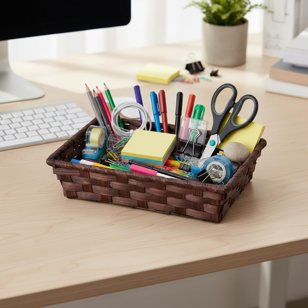 Premium Handmade 8" Dark Brown Bamboo Rectangular Storage Basket – Narrow Artisan Organizer for Countertop, Kitchen, Pantry, Snacks, Bathroom Vanity, Entryway Catch-All by The Lucky Clover Trading