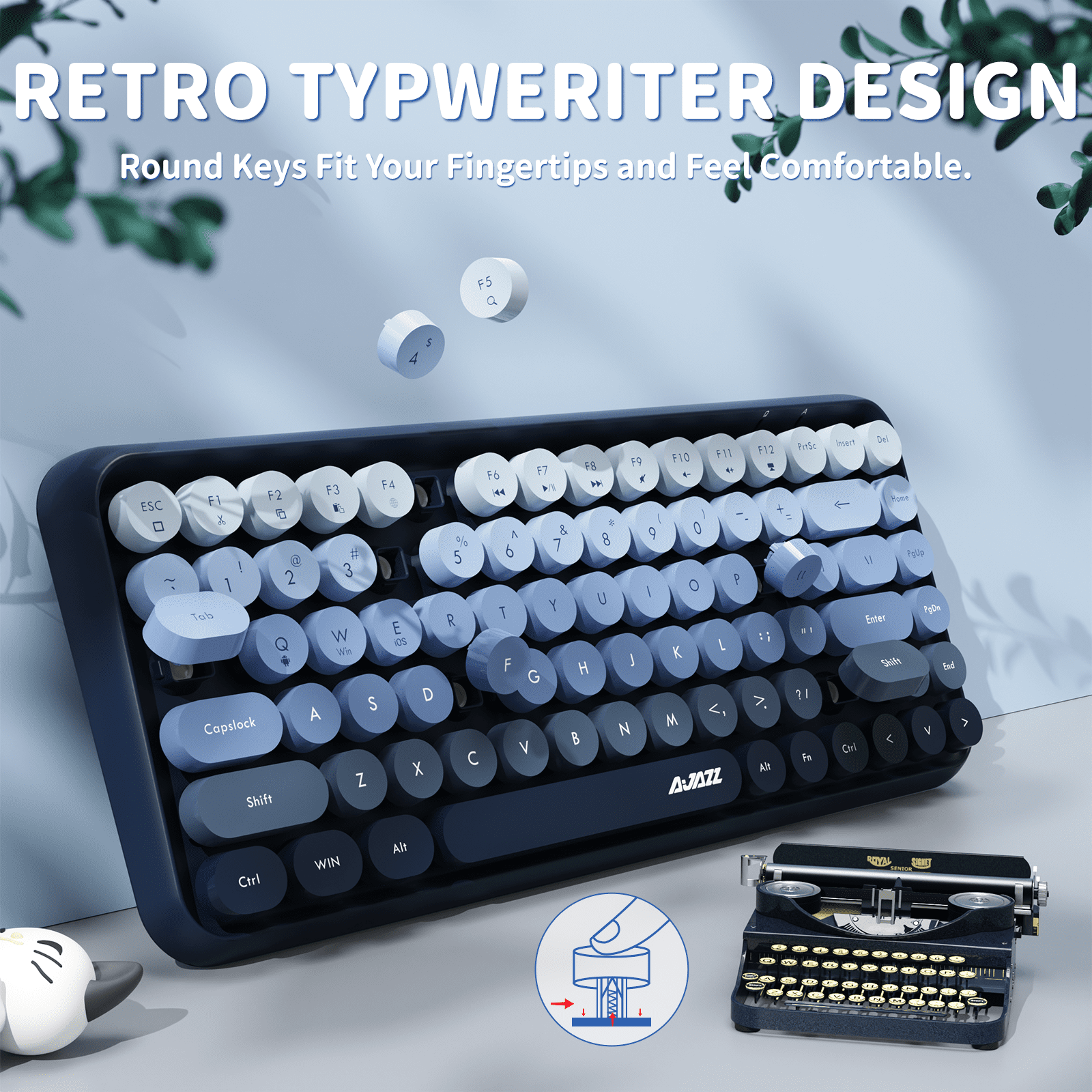 Ajazz 308i Retro Wireless Bluetooth Silent Computer Keyboard with Round Punk Compact 84 Keys, Lightweight, Matte Texture for PC, Laptop - Blue