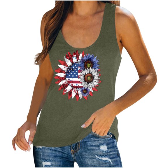 Fartey American Flag Camis Top for Women Trendy Sunflower Graphic Tank Tops Slim Fit Summer Scoop Neck Sleeveless Shirts 4th of July Patriotic Camisoles Army Green S