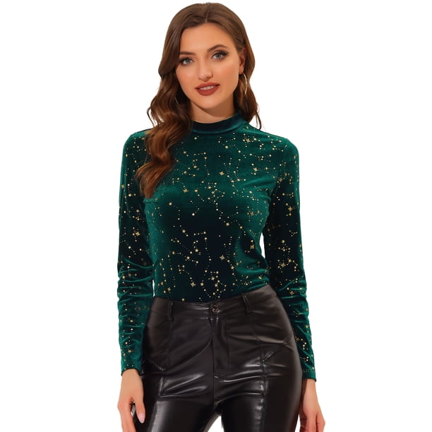 Blusa de mujer de terciopelo con cuello redondo y manga larga con estrellas brillantes metálicas Verde L