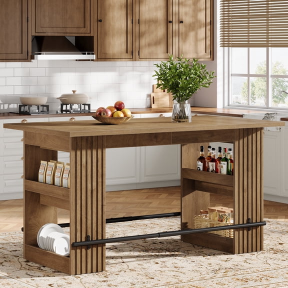 Finmind 63-inch Kitchen Island with Storage Shelves, Industrial Wooden Stationary Island Table, Large Coffee Bar Table with Footrest, Rustic Brown
