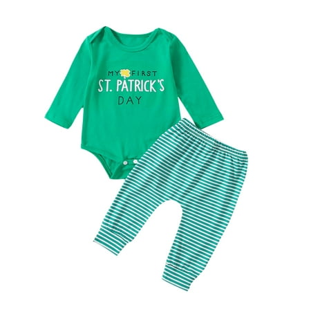 

Baby Boys Girls My 1st St. Patrick s Day Outfits Long Sleeve Letter Print Bodysuit Striped Pants 2pcs Set