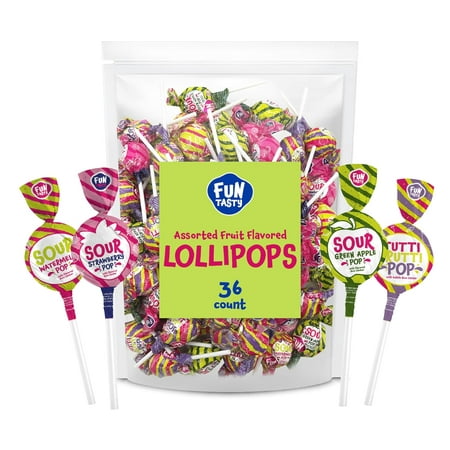 Funtasty Gum-Filled Lollipops Assorted Fruit Flavors Sour Pops Candy - Green Apple Strawberry Watermelon Tutti-Frutti 2 Pound-Pack (About 35 Count)