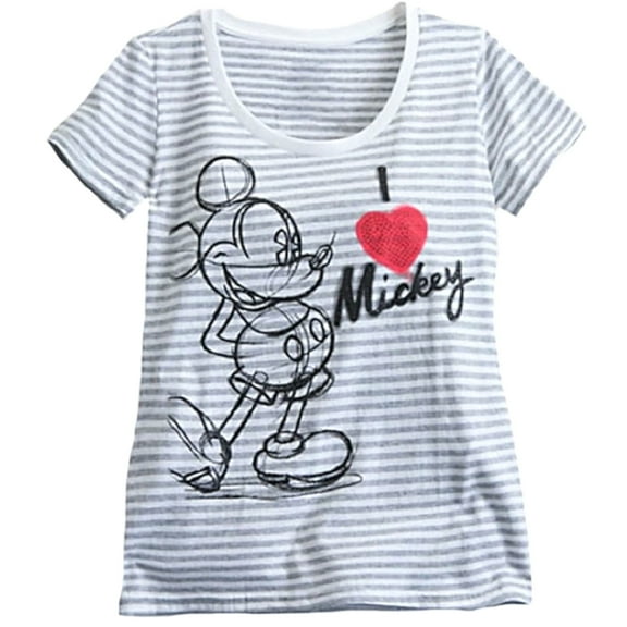 Mickey Mouse Womens' Gray/White Striped Scoop Neck Tee (XS)