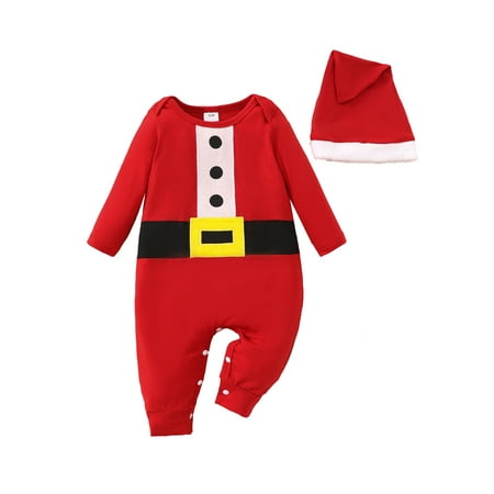 

Baby Girls Boys Red Long Sleeve Santa Jumpsuit with Christmas Hat