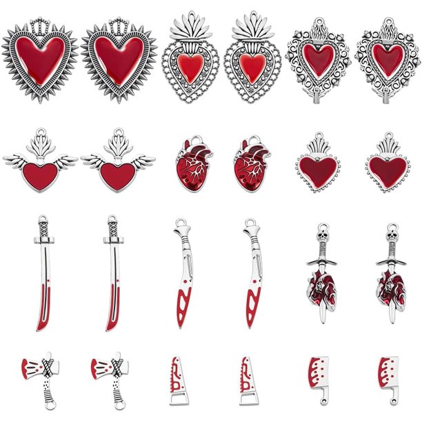 24 dijes de corazón rojo esmaltados a granel, colgantes góticos de corazón asustado, estilo punk, colgantes sangrantes.