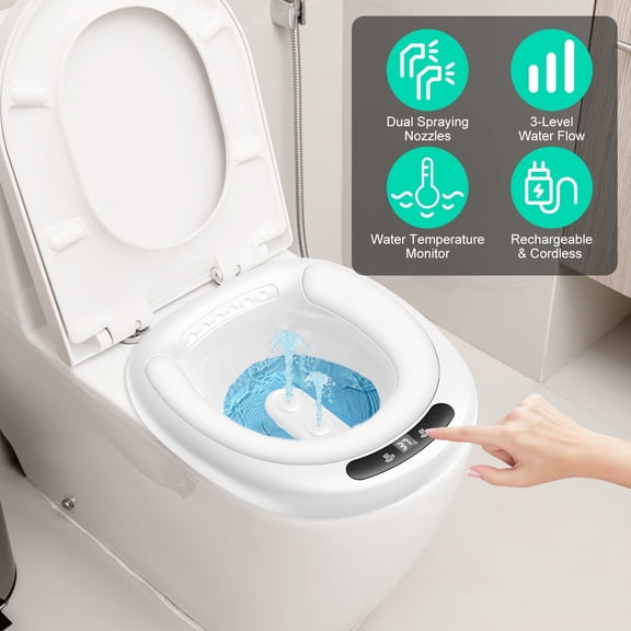 Teqhome Electric Sitz Bath for Toilet Seat Hemorrhoids Postpartum Care Tub with Dual Nozzles 3-Level Water Flow and Temperature Display for Women Men White