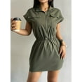 thumbnail image 4 of Women'S Short Sleeves Multi-Pocket Collared Shirt Dress Zip Up Cowgirl Dresses Army Green M, 4 of 7