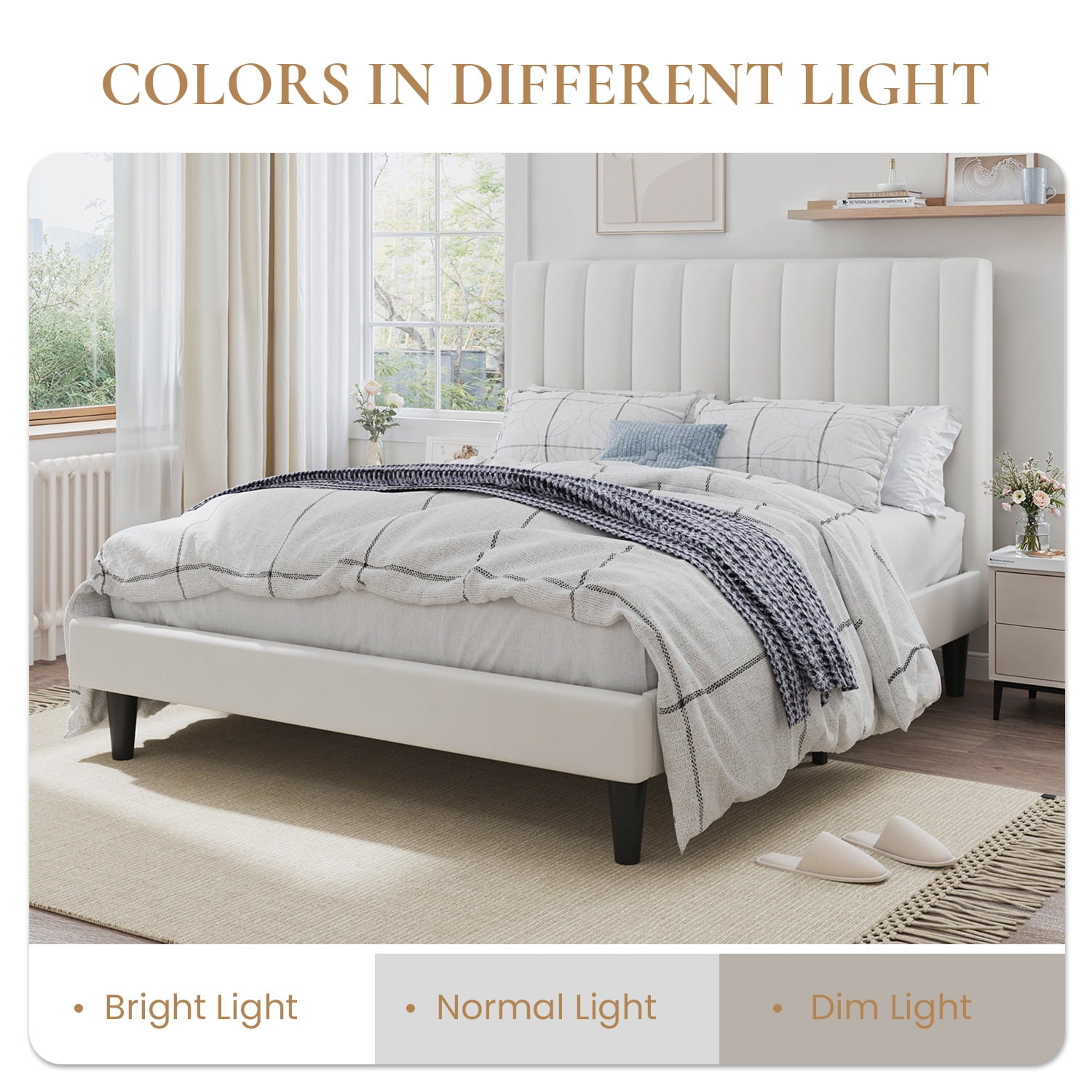 SHA CERLIN White Queen Size Platform Bed Frame with Velvet Channel Headboard, Adult