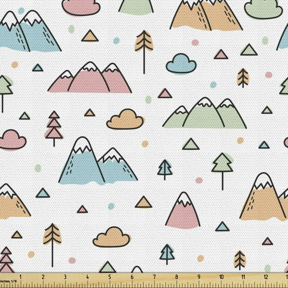 Ambesonne Scandinavian Fabric by the Yard Upholstery, Mountains and Trees, 2 Yards, Multicolor